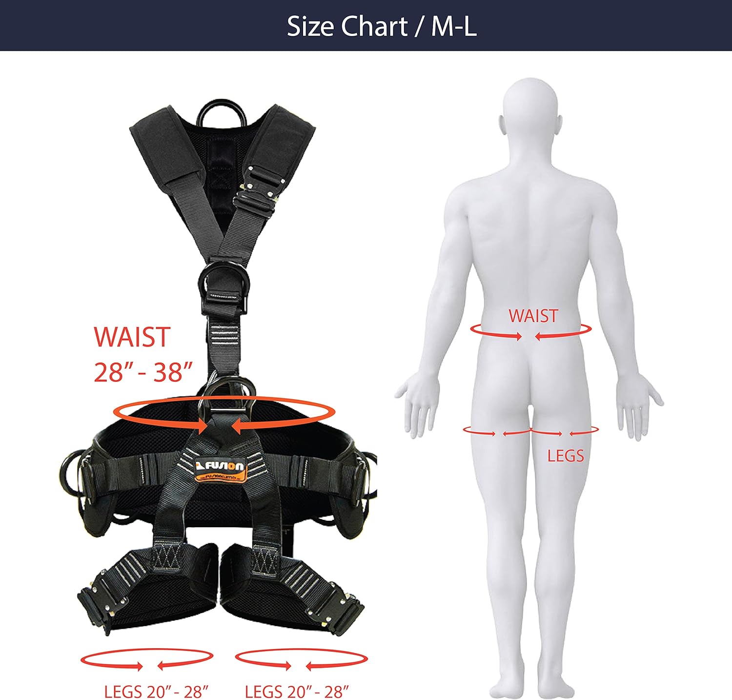 Fusion Tac Rescue Tactical Full Body Eva Padded Heavy Duty Adjustable Zipline Harness 23kn Black Medium-Large