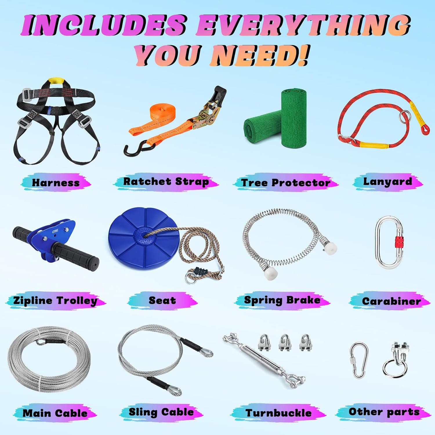 CTSC Zipline for Kids and Adult, Zip line Kits for Backyard with Stainless Steel Spring Br